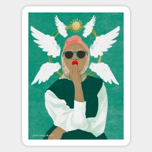 Angel Kiss | Woman Wearing Sunglasses and Headscarf with Golden Halo and Angel Wings Magnet